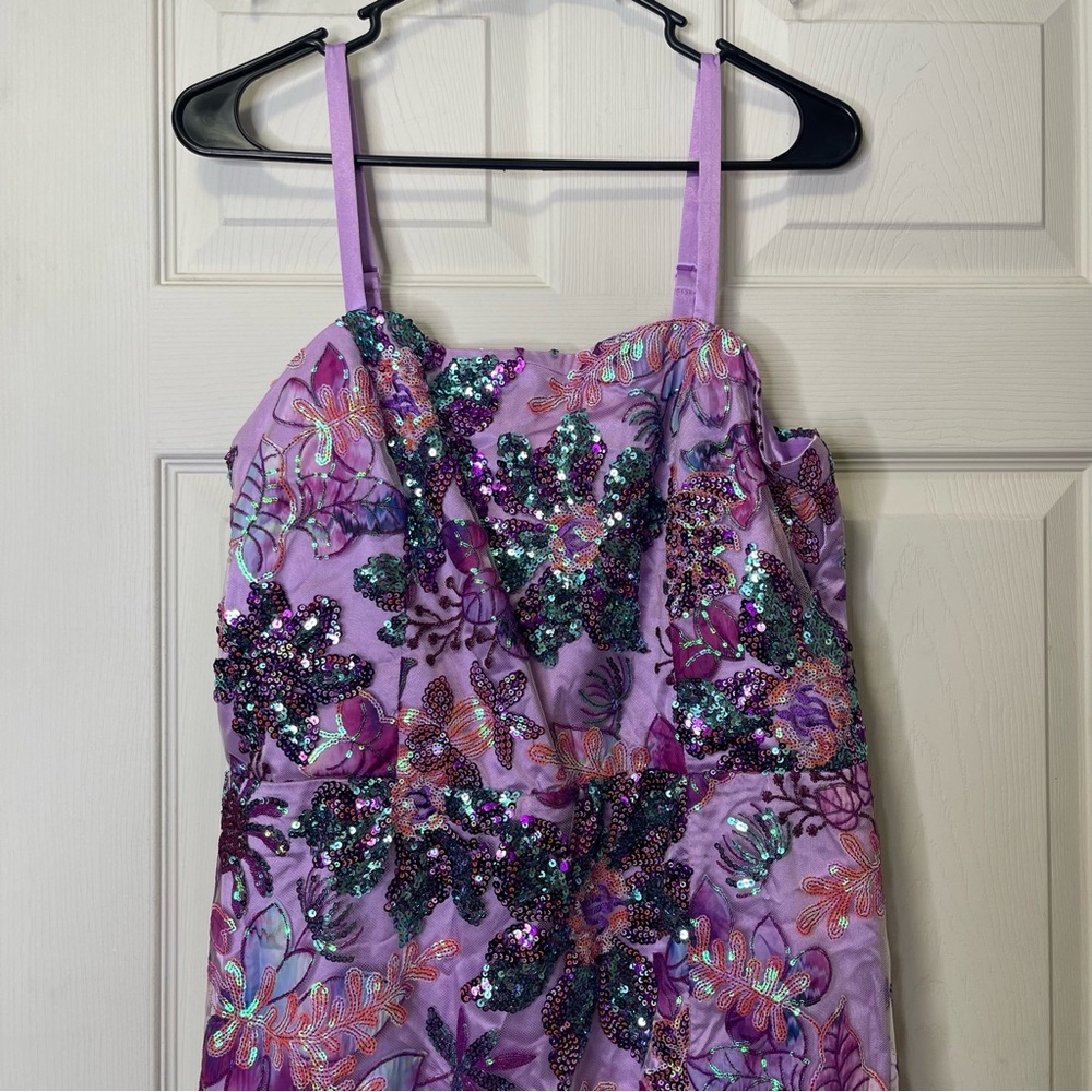 Boston Proper Embroidered Sequin Mesh Ruffle Slit Midi Dress Sz 14 - Picture 2 of 8